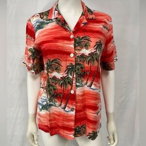 Vibrant Red and Green Short Sleeve Notched Collar Blouse